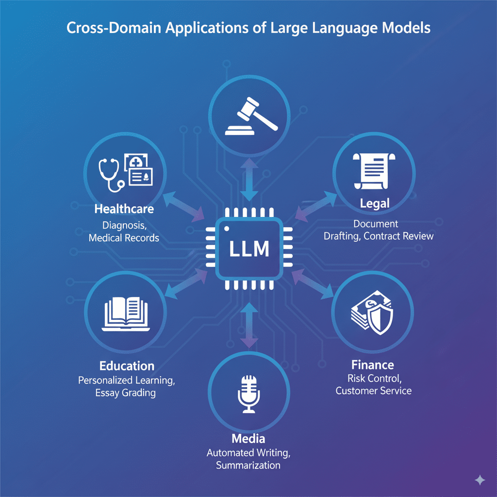 信息图展示 LLM 的跨领域应用。中心是 AI 芯片图标，周围环绕医疗（辅助诊断、病历生成）、法律（文书生成、合同审查）、教育（个性化学习、自动批改）、金融（智能风控、客户咨询）、媒体（自动写作、摘要生成）等场景。