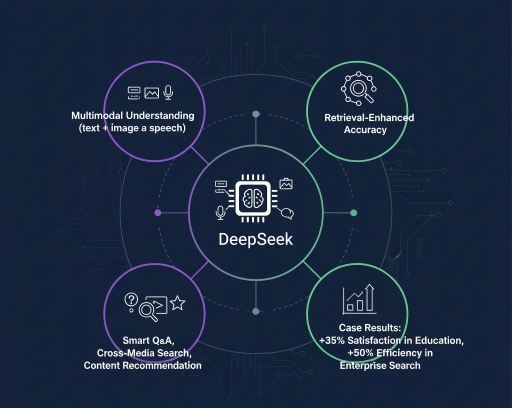 信息图展示 DeepSeek 的独特特点和应用。中心是 DeepSeek，周围环绕多模态语义理解、检索增强、智能问答、跨媒体搜索、内容推荐等能力，并展示应用案例：教育平台用户满意度提升35%，企业知识库搜索效率提升50%。