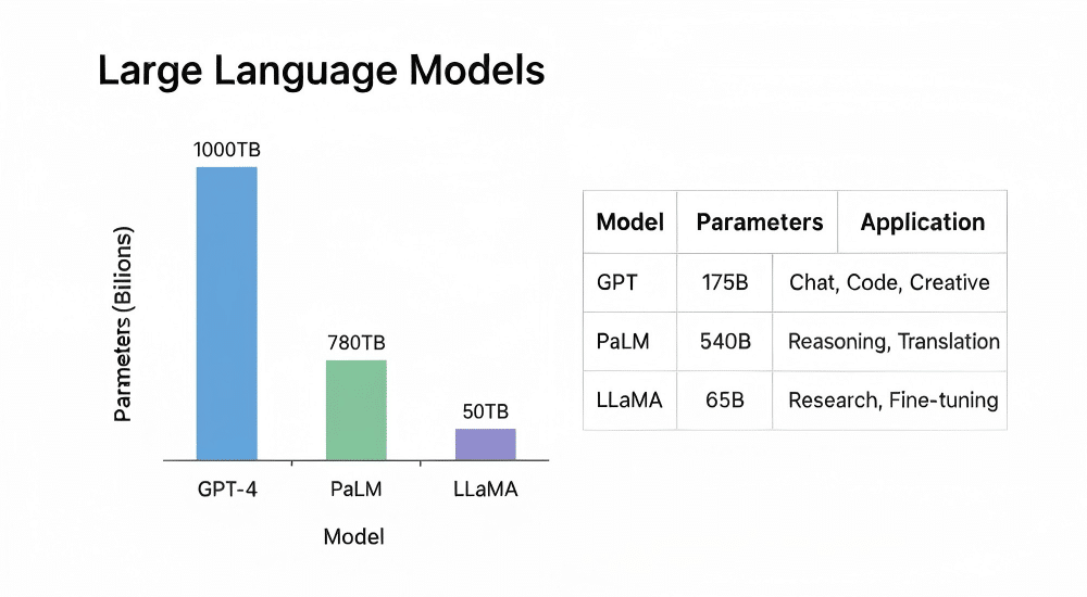 柱状图对比 GPT-4、PaLM 和 LLaMA 的参数规模与训练语料。GPT-4 1750 亿参数，语料 1000TB；PaLM 5400 亿参数，语料 780TB；LLaMA 650 亿参数，语料 60TB。旁边表格列出模型名称、参数规模及应用场景。