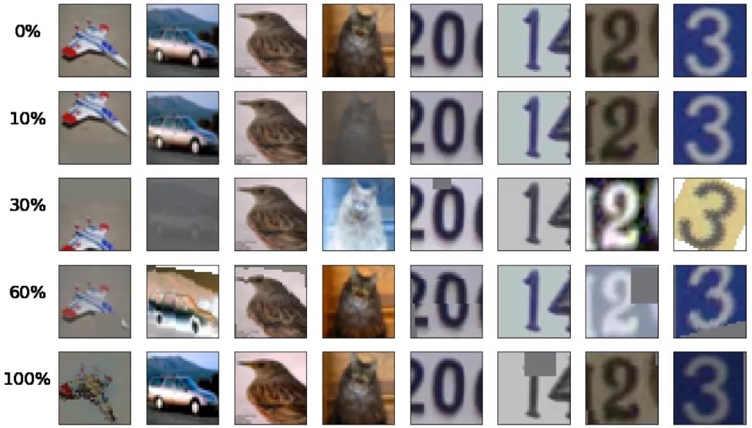 对图像应用基于群体的增强的效果,按照训练度百分比分类