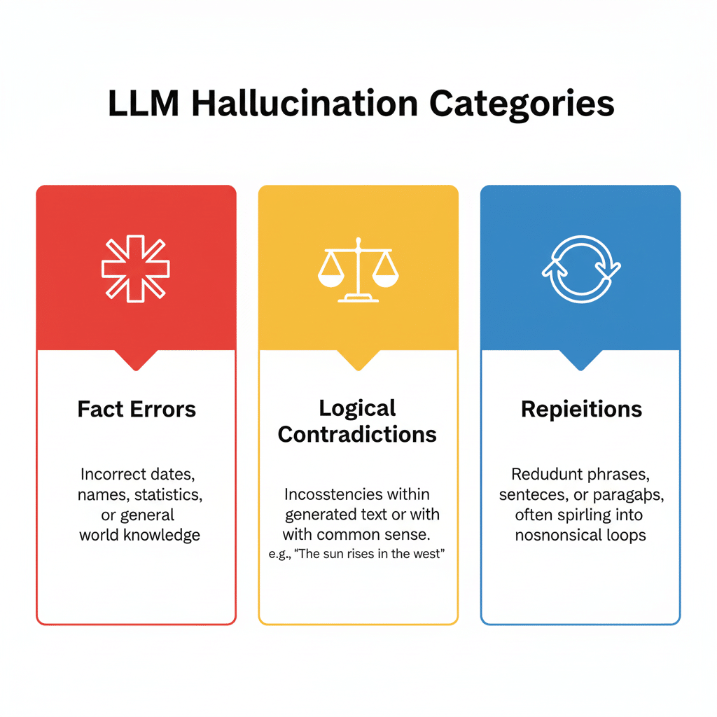 信息图展示三类常见的 LLM 幻觉类型：事实错误（配红色叉号图标）、逻辑矛盾（配天平图标）、重复生成（配循环箭头图标），以不同颜色区分，简洁直观。