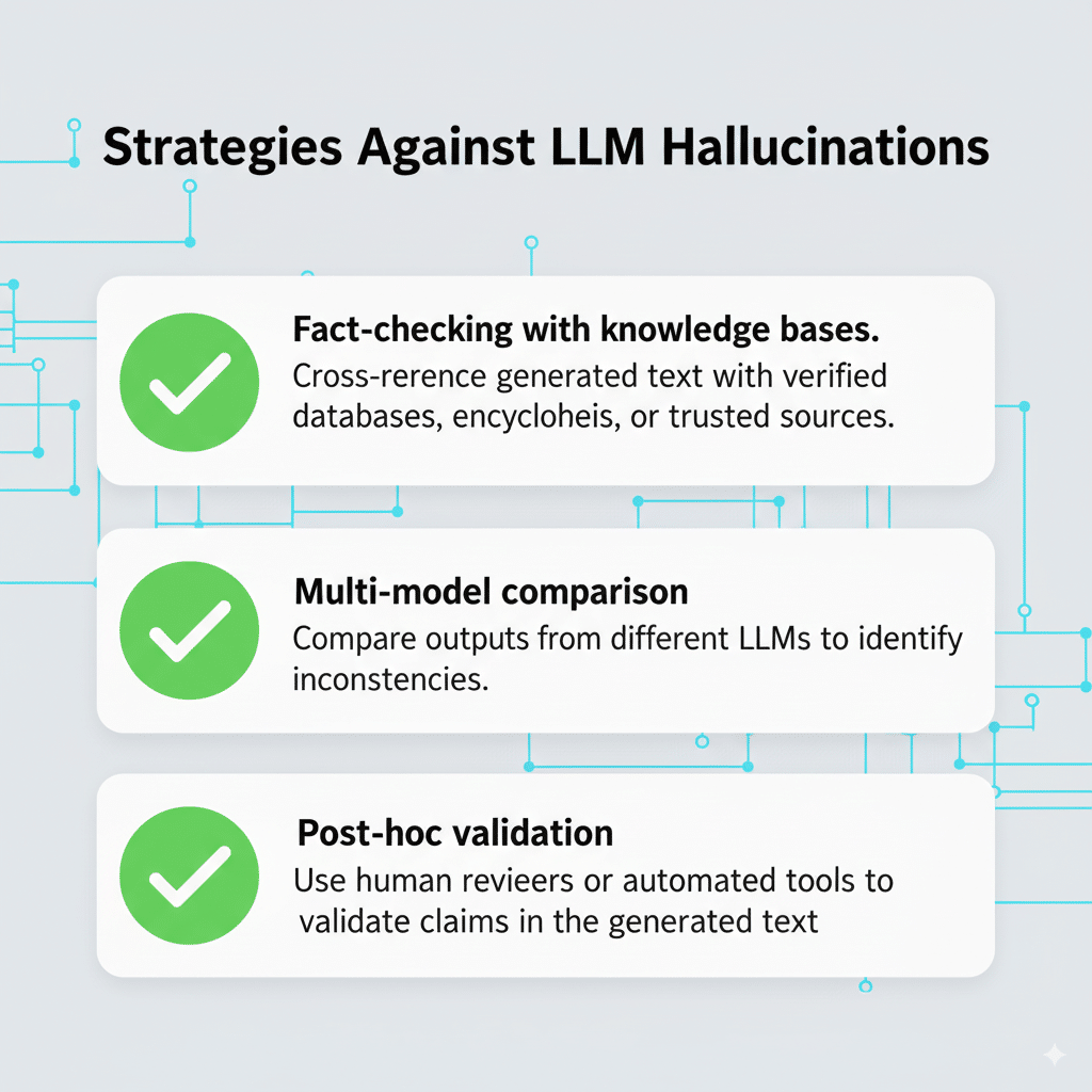 清单式信息图展示缓解 LLM 幻觉的策略，包括：基于知识库的事实核查、多模型结果对比、引入后验检验机制。每项策略前有绿色对勾标识，布局简洁现代。