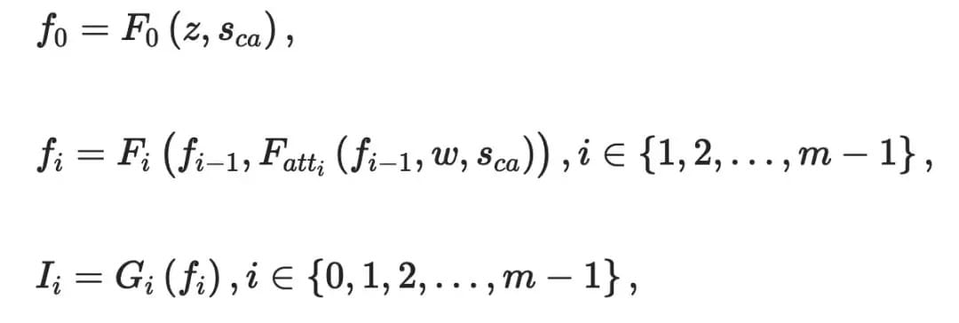 每个阶段中的视觉特征Fi和生成的图像Ii可以表示为